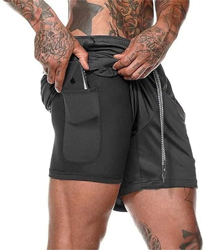 QINFEN YUNDOU Herren 2 in 1 Shorts Sommer Schnelltrocknende Laufshorts Herren Sport Shorts mit Taschen Sport Kurze Hosen Fitness Laufhose