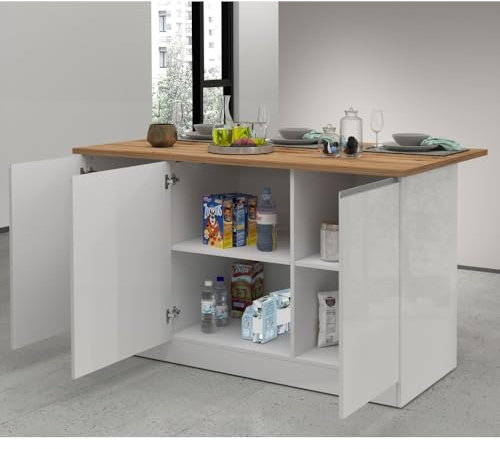 VE.CA - Isola Cucina Clarissa con Piano Lavoro 90x155x90 cm, Made in Italy - Mobile Cucina Moderno, Credenza con 3 Ante - Ideale come Tavolo da Pranzo - Bianco Lucido/Wotan