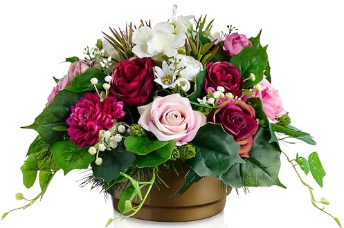 Grabtopf mit künstlichen Rosen in Pink Rosa Rot 30x20cm | runder Topf mit Beschwerung stabil | realistisch EU Handmade | für Friedhof o. öffentliche Räume Geschäfte - Innen und Außenbereich