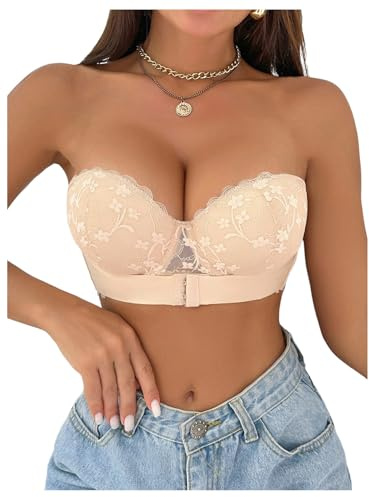 GORGLITTER Women's Push Up Front Fastening Bras Strapless Underwire Scalloped Everyday Bra Beige 34C