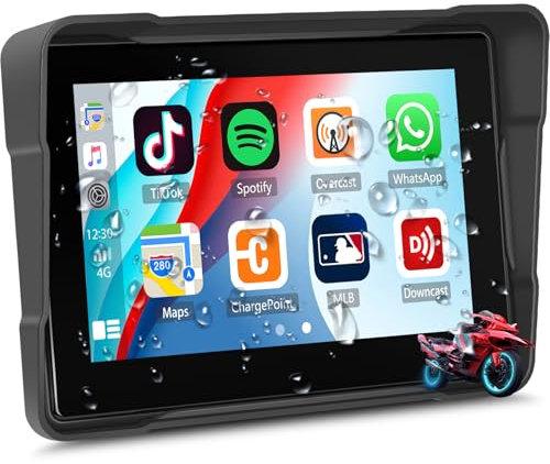 SIXTOP Schermo Carplay Moto Portatile 5 Pollici HD Touch Screen, Wireless CarPlay Android Auto IP67 Impermeabile, GPS Navigazione Moto con Bluetooth, Mirrorlink, EQ, TF Port, Siri