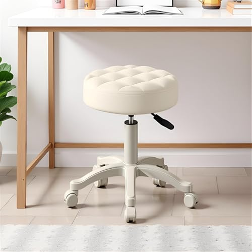 ilkqeppe Dressing Table Stool on Wheels, 35-53cm High Adjustable Vanity Stool with Wheels for Makeup, Faux Leather Soft Cushion Swivel Stools for Home Office Spa Salon