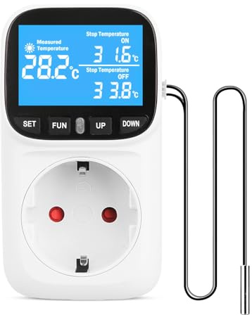 Digital temperaturregulator uttag 230 V med sensor, uppvärmning kylning termostatuttag, uttagstermostat med timer larm för växthus akvarium terrarium reptiler