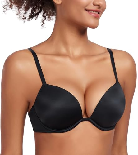 Lemorosy Women's Deep V Plunge Push Up Bra Underwire Low Cut Thick Padded Add 2 Cups(Black,32A)