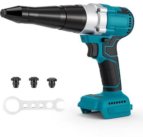 Trsaow Pistolet à Rivets 18V Sans Fil, Moteur Brushless, Compatible avec les Batteries Makita 18V Série BL (Batterie Non Incluse), avec 3 Buses pour Rivets Alu & Inox 2,4-5,0mm