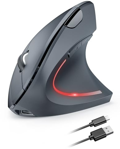TECKNET Mouse ergonomico senza fili ricaricabile con tracciamento ottico 4800 DPI regolabile, mouse silenzioso 2.4G, 6 pulsanti, LED per computer, portatili, Mac, PC, Windows, grigio