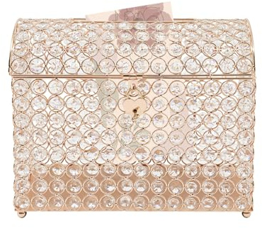 WoopJeem Crystal Wedding Card Box, Wedding Money Box Holder with Heart Lock, Gift Storage Display Case, Crystal Bead Card Receiving Boxes for Wedding Reception, Centerpiece Decor, Dresser (Gold)