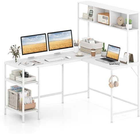 COSTWAY Escritorio Esquinero 150 x 120cm, Escritorio en L con Estanteria, Gancho para Auriculares, Mesa Gaming en L, Oficina Dormitorio (Blanco)