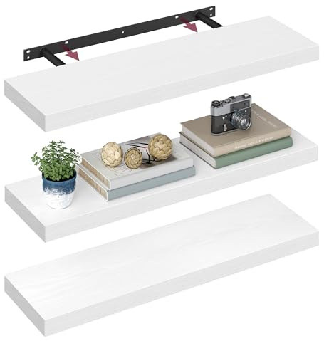 VASAGLE Wall Shelves Set of 3, Floating Shelves, 20 x 80 x 3.8 cm | Wall Mounted, for Picture Frames, Wall Decor, Living Room, Study, Kitchen, Snow White