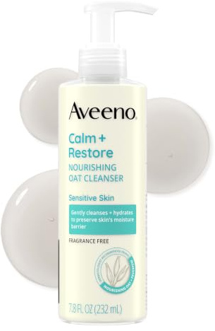 Aveeno Calm + Restore Nourishing Oat Cleanser, Daily Hydrating Facial Cleanser & Face Wash for Sensitive Skin, Non-Foaming, Hypoallergenic, Non-Comedogenic, Fragrance-Free, with Feverfew, 7.8 fl oz