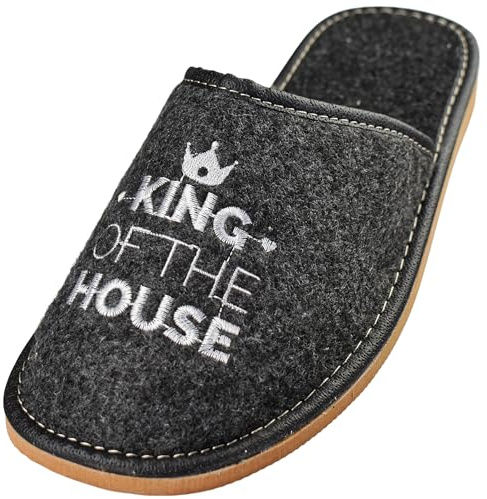 APREGGIO Pantoufles Homme Feutre – Chaussons Élégants et Confortables avec Broderie 'King of the House' - Noir Blanc - 46 EU