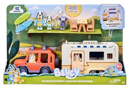 Bluey Ultimate Caravan Adventures Caravan-Set und DREI Figuren von 6,3 cm bis 7,6 cm und 4WD Familienfahrzeug mit 2 Surfbrettern