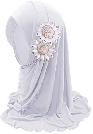 NICEYST Girls Ice Silk Muslim Khimar Hijab Headscarf Flower Arab Scarf Shawls Neck Wrap Islamic Head Wrap for Age 2-7 Years