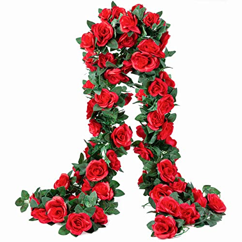 2 Pack (16FT) Artificial Rose Vine Fake Flowers Garland Hanging Silk Rose Ivy Plants Vine for Mother's Day Wedding Arch Party Garden Wall Aesthetic Art Décor (Red)
