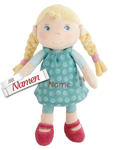 HABA Stoffpuppe Linnéa mit Namen Bestickt, Geschenk zur Geburt und Taufe, Patengeschenk, Puppe personalisiert, 25 cm