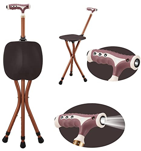 Haddockway Walking Cane with Seat Portable Crutch Chair with LED Light Durable Folding Cane Chair Walking Stick Lightweight Outdoor Rest Cane with Adjustable Height for Elderly Senior, Brown