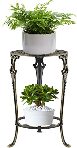 MDLUU Cast Iron Potted Plant Stand 18.8 Inch Tall, 2-Tier Planter Rack, Heavy Duty Flower Pot Holder for Living Room, Bedroom, Kitchen (Bronze)