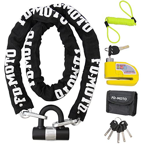 FD-MOTO 1.5M*10mm 3.4KG Steel Motorcycle Chain Lock Padlock + 110dB Yellow Alarmed Motorbike Brake Disc Lock + 1.5M Cable