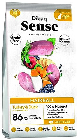 Dibaq Sense Cat Hairball - Truthahn und Entenfutter, speziell für ausgewachsene Katzen mit langem Haar und sterilisiert, 100 % natürlich und getreidefrei, 6 kg