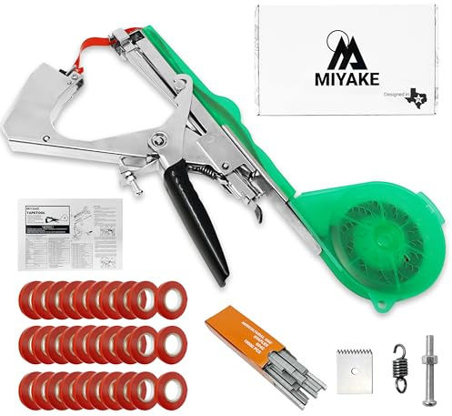 Miyake Plant Tying Machine, Garden Tape Tool to Tie Up Tomatoes Peppers Vines Grapes, Ergonomic Plant Tape Gun for Gardeners Farmers Greenhouse with Replacement Blade 30 Tapes and Staples