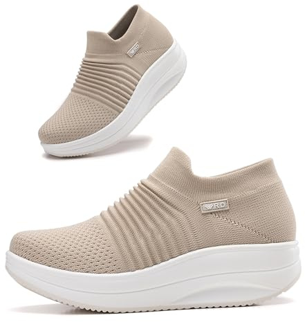 Oude Pull On Wedges Sneakers for Women Standing | Sneakers Platform Womens Shoes Easy On | 2 Inch Rocker Bottom with Arch Support Beige Size 9