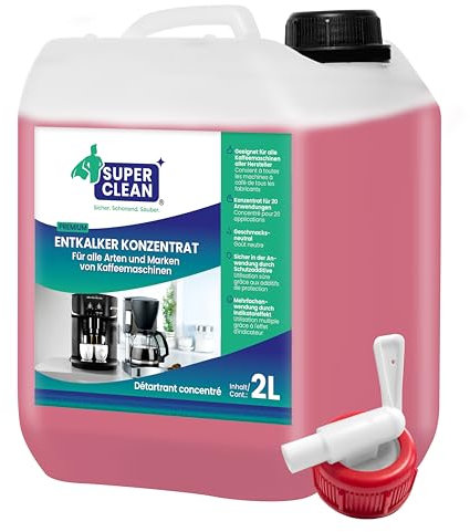 SUPER CLEAN 1 x 2L Descaler Concentrate Coffee Machine - Liquid - For All Machines & Brands - 20 x Descaling - Effective Liquid Descaler for Coffee Machines, Kettles & Showers