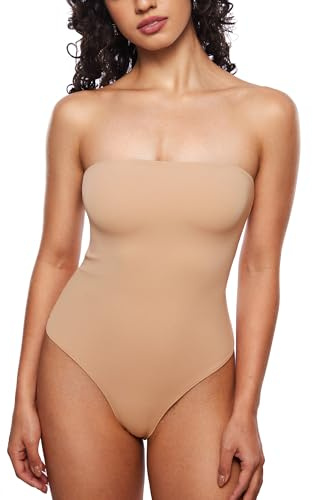 INLYRIC Sexig axelbandslös body för kvinnor Thong Tube Top Off The Shoulder One Piece Leotard Naturlig 40