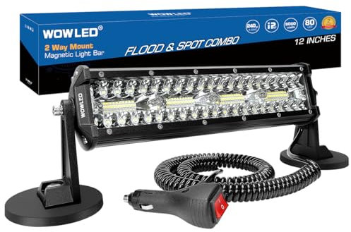 WOWLED Magnetische LED-Lichtleiste, Superhelle 12 Zoll Combo Beam Zigarettenanzünder Lichtleiste 6000K mit starken Magneten 4-Wege-Montage, 12V 24V Traktor Arbeit Lichtleiste für ATV Autos Anhänger