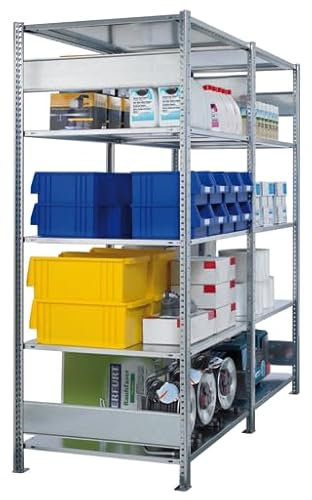 qpool24 Anbauregal, Fachbodenregal Stecksystem MULTIplus250, 2500 x 750 x 500 mm (HxBxT), 6 Fachböden, Längenriegel, RAL 5010 enzianblau/verzinkt/verzinkt