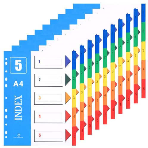 XHDA 1-5 Part A4 Dividers, 10 Pack Multi-Colour 11-Hole Index | PP Plastic Material, 11-Hole Punched, Writable Index Page, Multi-Colour Tabs, for 2, 3, 4 and 11 Ring Binders