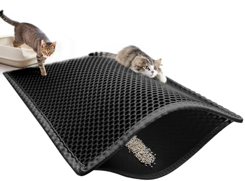 Pieviev Cat Litter Mat, Tray Mat Double-Layer, Extra Large 89 x 61cm, Black | easy tip to empty, trapping for litter tray & box, honeycomb catches scatter from paws, anti-tracking catcher design, XXL