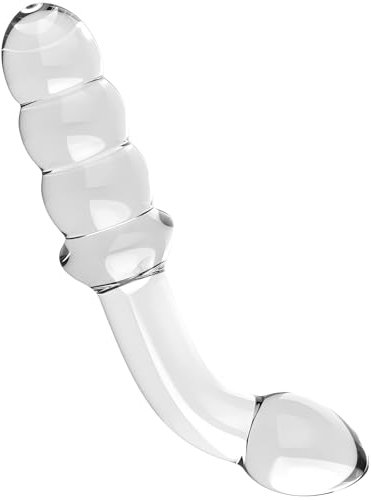 LoversToy Double Ended Glass Dildo Anal Beads, G-Spot, Vaginal & Anal Play Crystal Dildo Penis with Realistic Dildo Tip Bent Anal Butt Plug, Waterproof Sex Toys for Men Women, Clear