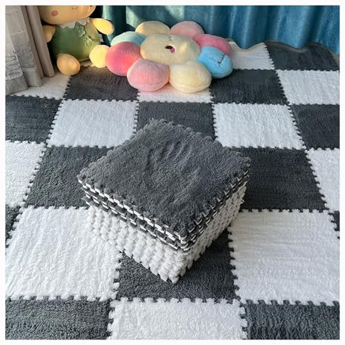 Kanduo Alfombra de Espuma entrelazada 16 Uds. Alfombra de Espuma de Felpa, Alfombra de retales, Alfombra for Gatear, alfombras entrelazadas Antideslizantes Moqueta Antideslizante(White+Gray,0.6cm)