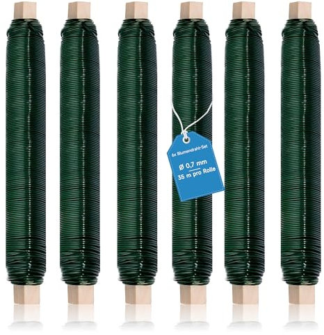 Qiareoiu 6X Blumendraht grün, 0,7mm Basteldraht, 35 m pro Rolle Floristendraht, Bindedraht grün, Wickeldraht lose auf Holzwickel zur Befestigung von Blumen und Pflanzen, Bindedraht Garten