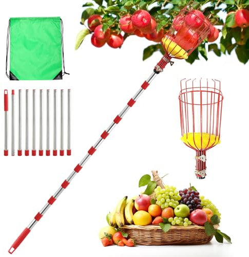 seOSTO 4,2M Obstpflücker mit Teleskopstiel, Apfelpflücker Diameter 16 cm, Obstpflücker mit Schaumstoffpolster, Apfelpflücker Klaueförmiger Eisenhaken, Reaching Inaccessible Places in Fruit Trees