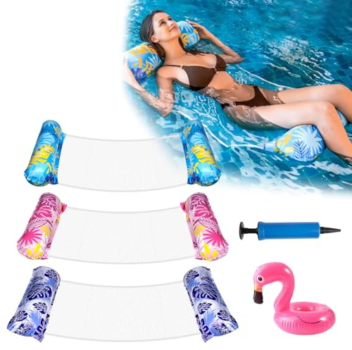 3PCS Inflatable Pool Floats Swimming Pool Inflatables for Adults 4 IN 1 Floats Hammock with 1 Air Pumps and 1 Coaster Water Hammock Inflatable Pool Chair Inflatable Pool Toys for Beach Summer Holiday