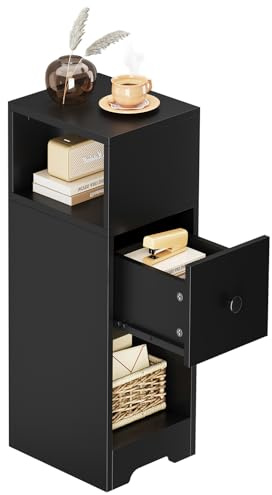 Dripex Slim Bedside Table, Narrow Bedside Cabinet with Storage Drawer, Wooden End Table Space Saving, 4 Tier Nightstand for Bedroom, Living Room, Balcony or Office (Black)