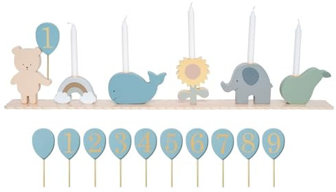 JaBaDaBaDo Trenino di compleanno in legno Teddy & Friends 63 cm con candelabri, con numeri da 1 a 9 + 1 palloncino bianco per il nome del bambino, simpatici personaggi in belle tonalità delicate