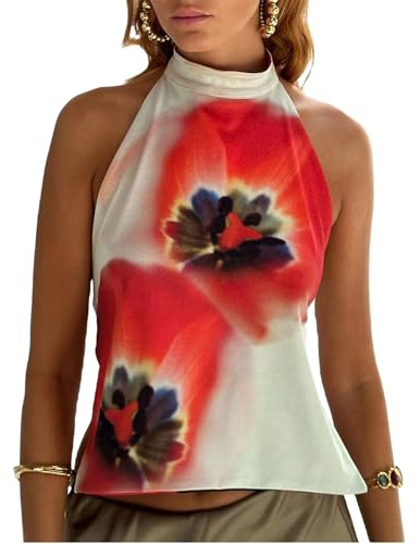 Raruxxin - Top da donna Y2k, floreale, scollo a halter, sexy, senza maniche, schiena scoperta, a pois, collo alto, canottiera estiva, stile boho, per uscire, outfit da spiaggia