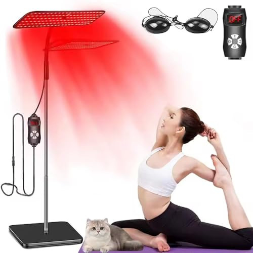 Lámpara Infrarroja Profesional 126 LED-Altura Ajustable 30-130cm,4 Niveles de Luz,5 Temporizadores,Cuello de Cisne 360° con Gafas Protectoras & Soporte-Para calmar los músculos faciales y corporales
