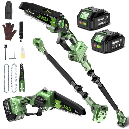 2 en 1 Motosierra Bateria con Pértiga, 6’’ Mini Motosierra a Batería & Sierra de Podar Telescópica, con 2x4000mAh Baterías, Altura de Trabajo 4,8m, Motosierra para Poda de Árboles y Jardín