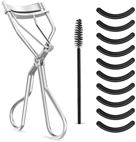 WLLHYF Eyelash Curler Kit,Beauty Eyelash Comb Universal Lash Curler,Silver | with 10 Black Silicone Refill Pads, and 1 Mascara Brush, Metal Eyelash Separator, Makeup Tool, for Women and Girls