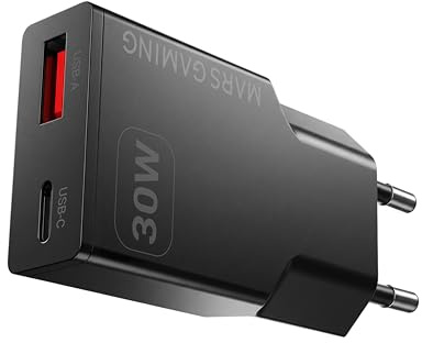 Mars Gaming MD-GAN30, Caricatore USB 30W, Ricarica Rapida PD 3.0 e QC 3.0, Tecnologia GaN, Formato Ultracompatto e Leggero, 9 Protezioni di Sicurezza, Porta USB-C e USB-A, Spina Europea Tipo C, Nero