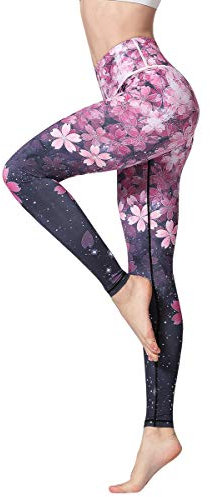 HAPYWER Yoga Leggings Damen High Waist Yogahose Bunt Gym Sport Leggings Tummy Control Running Workout - Stretch Kompressionshose mit Aufdruck für Frauen(Kirschblüte,L)
