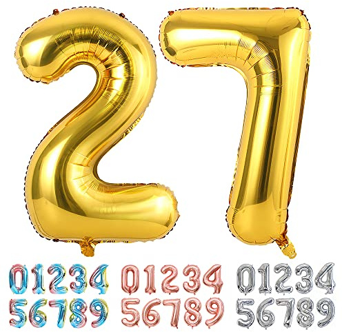 Ponmoo Foil Balloon Number 27/72 Gold, Giant Numbers 0 1 2 3 4 5 6 7 8 9 10-19 20-29 30-39 40-49 50-60-70-80-90-100, Large Balloons for Wedding Anniversary Birthday Party Decoration