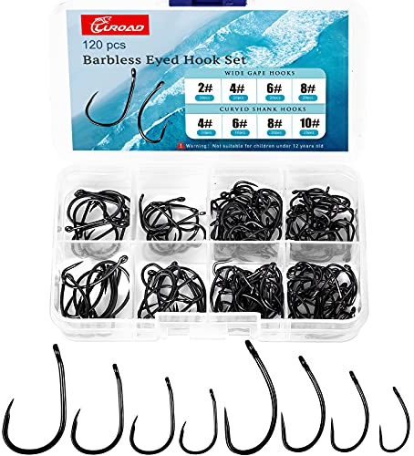 Luroad 120pcs Carp Barbless Fishing Hooks, Wide Gape and Curved Shank Eyed Hooks Size 2, 4, 6, 8, 10 for Freshwater Saltwater, Comes in a Tough Tackle Storage Box