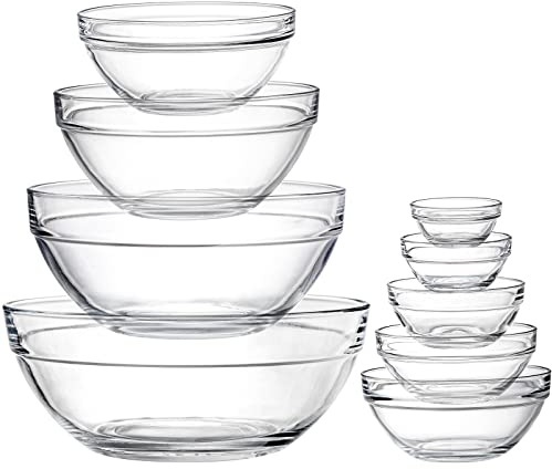 Lawei Set of 9 Glass Mixing Bowls - Glass Nesting Bowls Prep Bowl Clear Salad Bowls for Kitchen Prep Salad, Cereal, Ice Cream, Pasta, Fruits