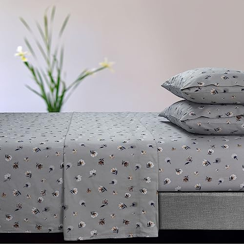 Tribeca Living Ultra-Soft Flannel Sheets Queen - 170-GSM Cotton, 4 Piece Deep Pocket Bed Sheet Set in Floryn Light Grey Print