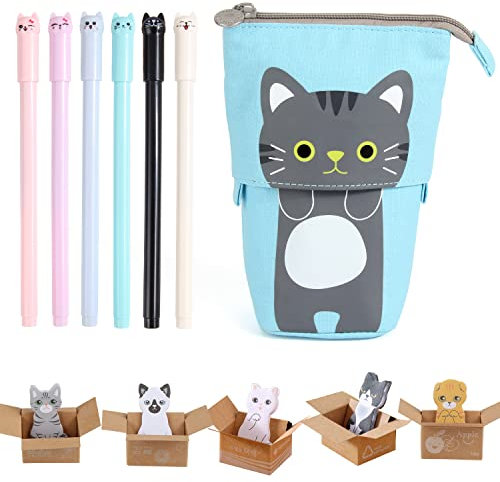 Katze Schreibwaren Set Leinwand Federmäppchen Stehen Bleistifthalter Federmäppchen Mädchen mit 6 Bunt Katze Gel Tintenstifte und 5 Notizblock Haftnotiz für Jungen Mädche