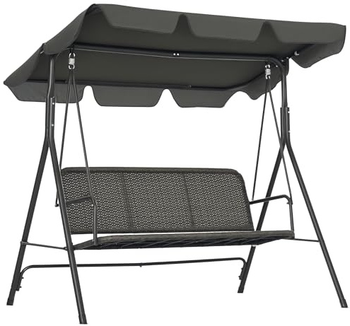 Outsunny 3-Seater Outdoor PE Rattan Swing Chair, Patio Wicker Hanging Swing Bench with Steel Frame Stand & Adjustable Canopy, Grey